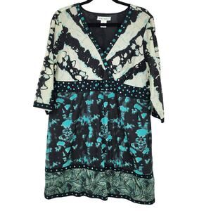 Ulla Popkin 3/4 Sleeve Faux Wrap Long Tunic Colorful Top Size 12/14